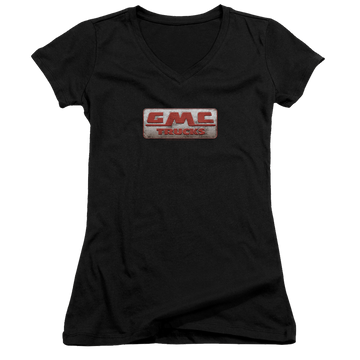 Black juniors v-neck t-shirt with GMC Beat Up 1959 Logo graphic