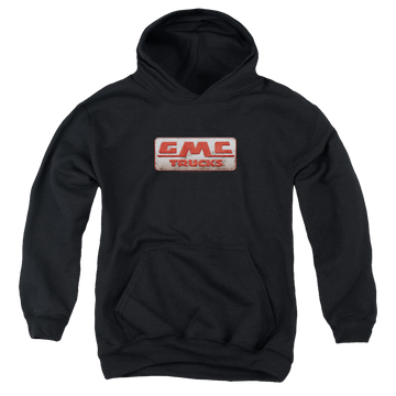Black youth hoodie for ages 8 to 12 with GMC Beat Up 1959 Logo graphic