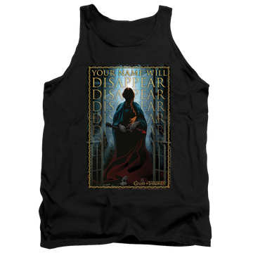 Black men's tank with Game of Thrones Your Name Will Disappear graphic