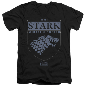Black men's v-neck t-shirt with Game of Thrones House Stark Sigil graphic