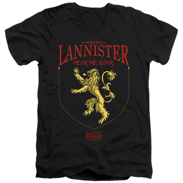 Black men's v-neck t-shirt with Game of Thrones House Lannister Sigil graphic
