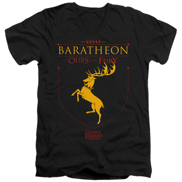 Black men's v-neck t-shirt with Game of Thrones House Baratheon Sigil graphic