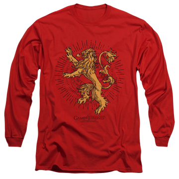 Red men's long sleeve t-shirt with Game of Thrones Lannister Burst Sigil graphic