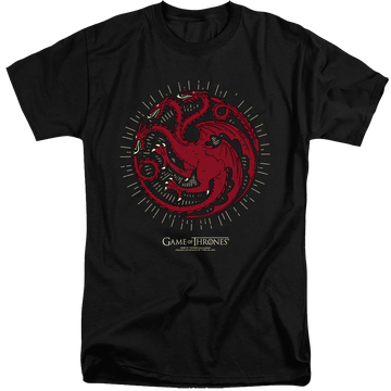 Black men's tall fit t-shirt with Game of Thrones Targaryen Burst Sigil graphic
