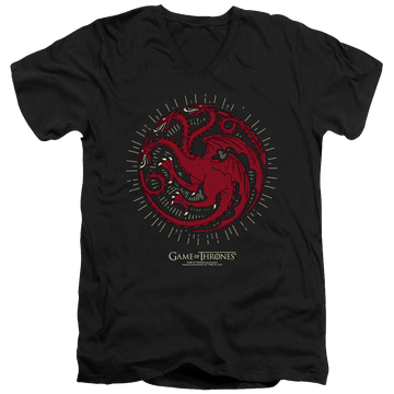 Black men's v-neck t-shirt with Game of Thrones Targaryen Burst Sigil graphic