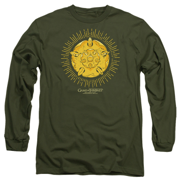 Military green men's long sleeve t-shirt with Game of Thrones Tyrell Burst Logo graphic