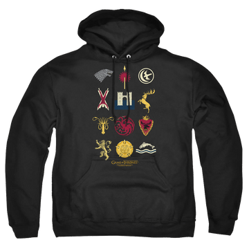 Black pullover hoodie with Game of Thrones House Sigils graphic