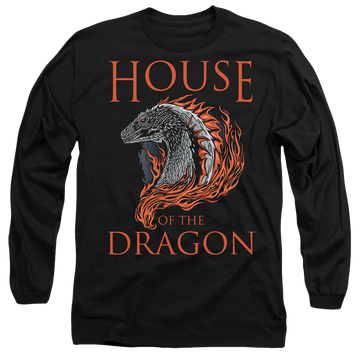 Black men's long sleeve t-shirt with House of the Dragon Hod Dragon Illustration graphic