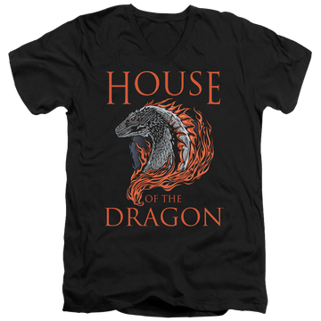 Black men's v-neck t-shirt with House of the Dragon Hod Dragon Illustration graphic
