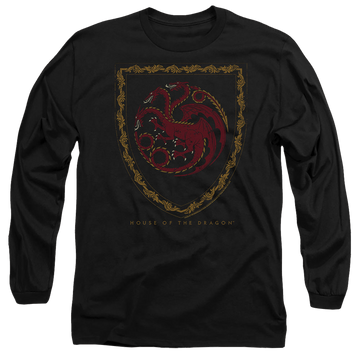Black men's long sleeve t-shirt with House of the Dragon Dragon Shield Vintage Dark graphic