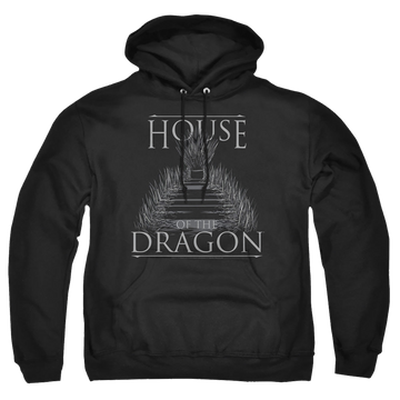 Black pullover hoodie with House of the Dragon Sword Throne graphic