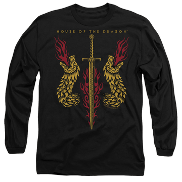 Black men's long sleeve t-shirt with House of the Dragon Sword And Dragon Heads graphic