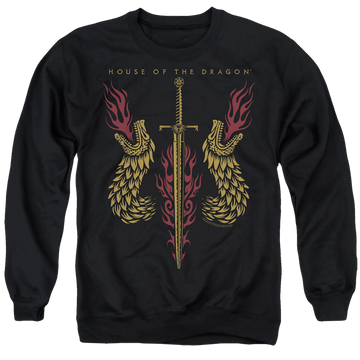 Black men's crewneck sweatshirt with House of the Dragon Sword And Dragon Heads graphic