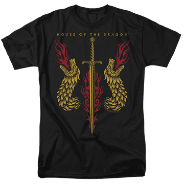 Black men's regular fit t-shirt with House of the Dragon Sword And Dragon Heads graphic
