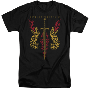 Black men's tall fit t-shirt with House of the Dragon Sword And Dragon Heads graphic