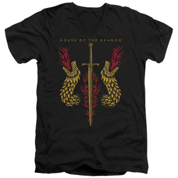 Black men's v-neck t-shirt with House of the Dragon Sword And Dragon Heads graphic