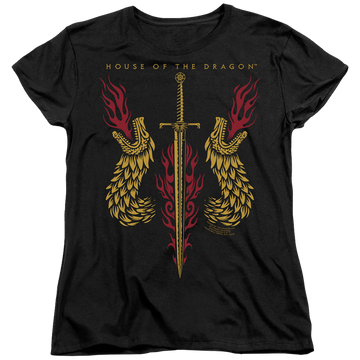 Black women's t-shirt with House of the Dragon Sword And Dragon Heads graphic