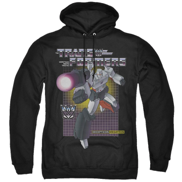 Black pullover hoodie with Transformers Megatron graphic