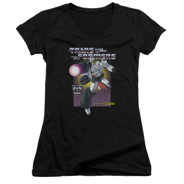 Black juniors v-neck t-shirt with Transformers Megatron graphic