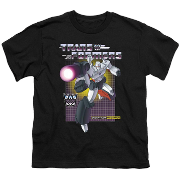 Black youth t-shirt for ages 8 to 12 with Transformers Megatron graphic