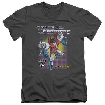 Charcoal men's v-neck t-shirt with Transformers Starscream graphic