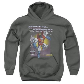 Charcoal youth hoodie for ages 8 to 12 with Transformers Starscream graphic