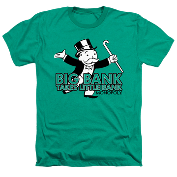 Kelly green men's heather t-shirt with Hasbro Monopoly Big Bank graphic