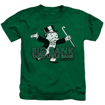 Kelly green kid's t-shirt for ages 4 to 7 with Monopoly Big Bank graphic