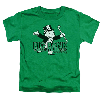 Kelly green toddler t-shirt with Monopoly Big Bank graphic