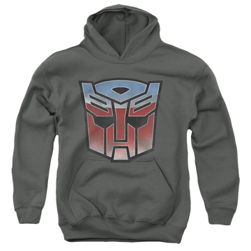 Charcoal youth hoodie for ages 8 to 12 with Transformers Vintage Autobot Logo graphic