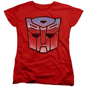 Red women's t-shirt with Transformers Vintage Autobot Logo graphic