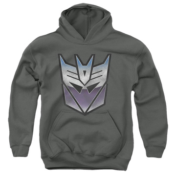 Charcoal youth hoodie for ages 8 to 12 with Transformers Vintage Decepticon Logo graphic