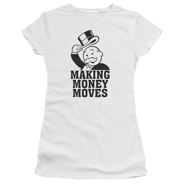 White juniors t-shirt with Monopoly Making Money Moves graphic