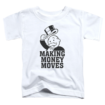 White toddler t-shirt with Monopoly Making Money Moves graphic