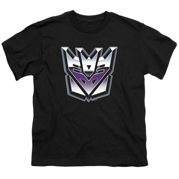 Black youth t-shirt for ages 8 to 12 with Transformers Decepticon Airbrush Logo graphic