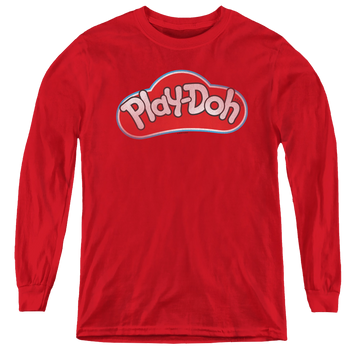 Red youth long sleeve t-shirt with Play-doh Lid graphic