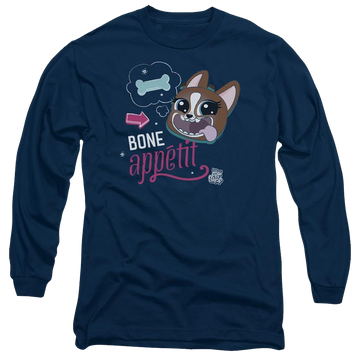 Navy men's long sleeve t-shirt with Hasbro Pet Shop Bone Appetit graphic