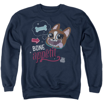Navy men's crewneck sweatshirt with Hasbro Pet Shop Bone Appetit graphic