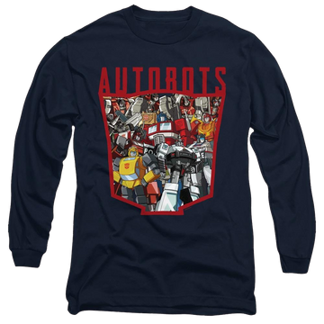 Navy men's long sleeve t-shirt with Transformers Autobot Collage graphic