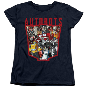 Navy women's t-shirt with Transformers Autobot Collage graphic