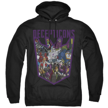 Black pullover hoodie with Transformers Decepticon Collage graphic