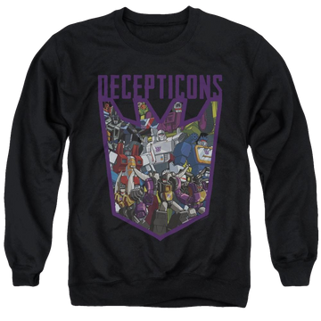 Black men's crewneck sweatshirt with Transformers Decepticon Collage graphic