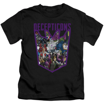 Black kid's t-shirt for ages 4 to 7 with Transformers Decepticon Collage graphic