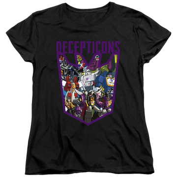 Black women's t-shirt with Transformers Decepticon Collage graphic