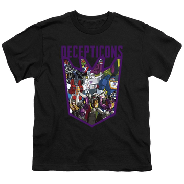 Black youth t-shirt for ages 8 to 12 with Transformers Decepticon Collage graphic