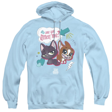 Light blue pullover hoodie with Hasbro Pet Shop Are You Kitten Me graphic