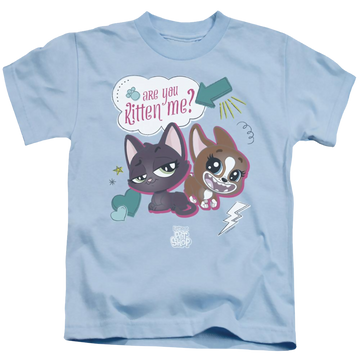 Light blue kid's t-shirt for ages 4 to 7 with Hasbro Pet Shop Are You Kitten Me graphic