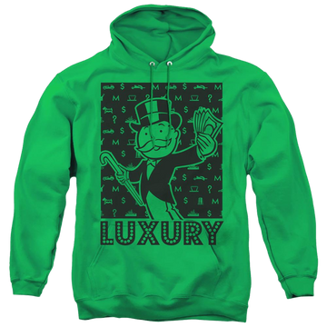 Kelly green pullover hoodie with Monopoly Luxury graphic
