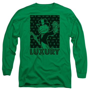 Kelly green men's long sleeve t-shirt with Monopoly Luxury graphic