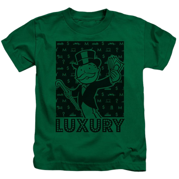 Kelly green kid's t-shirt for ages 4 to 7 with Monopoly Luxury graphic